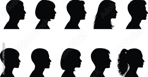 Human head profile silhouettes collection, diverse male and female side view faces, different hairstyles, anonymous people, black flat vector set