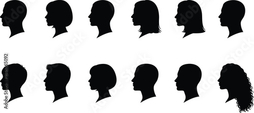 Human head profile silhouettes collection, male female side view faces, diverse hairstyles, anonymous people icons, black flat vector illustration set