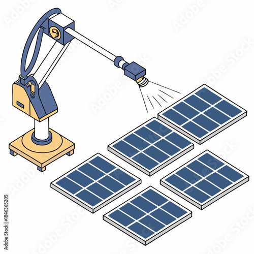 Robotic arm cleaning solar panels with spray nozzle on white background