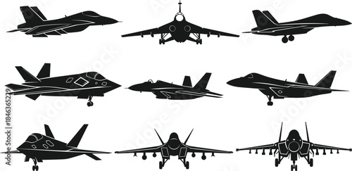 Modern military fighter jet silhouettes set isolated on white background, stealth aircraft collection, aviation defense technology illustration vector design bundle