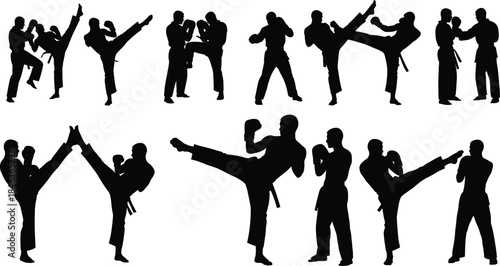 Martial arts silhouettes collection showing karate fighters practicing kicks punches and sparring isolated on white background, combat sport vector illustration set