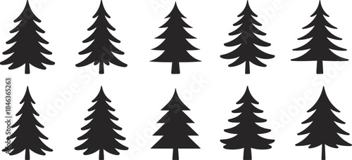 Pine tree silhouette pack, conifer shape collection, forest icon set, evergreen tree design, nature vector, botanical elements, woodland graphics