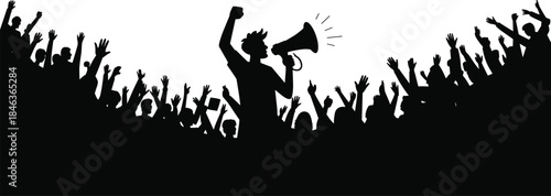 Protest crowd silhouette, activist with megaphone, raised fists rally, public demonstration, social movement, political speech, unity, revolution, freedom, resistance