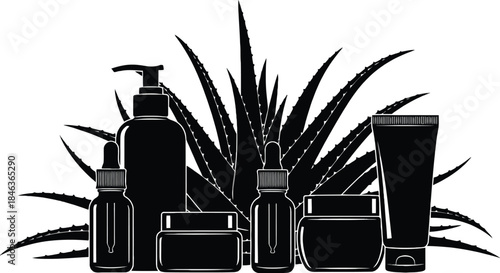 Black silhouette of aloe vera cosmetic products and leaves on a