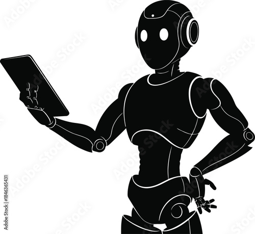 Black silhouette of a modern robot holding a tablet computer.