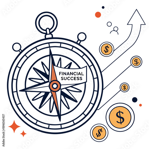 Compass pointing toward financial success with dollar coins and arrow on white background