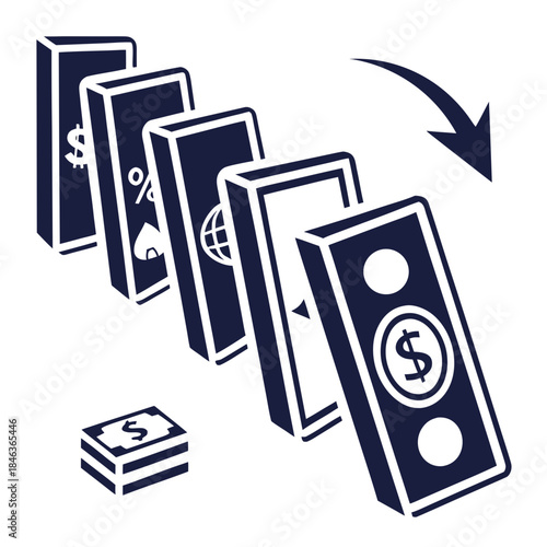 Falling domino chain of financial on white background