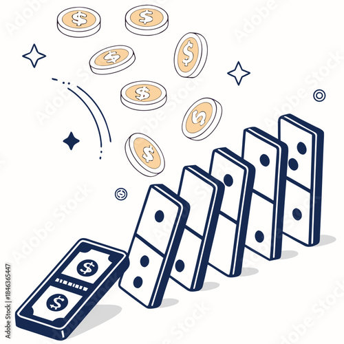 Falling financial from domino chain reaction on white