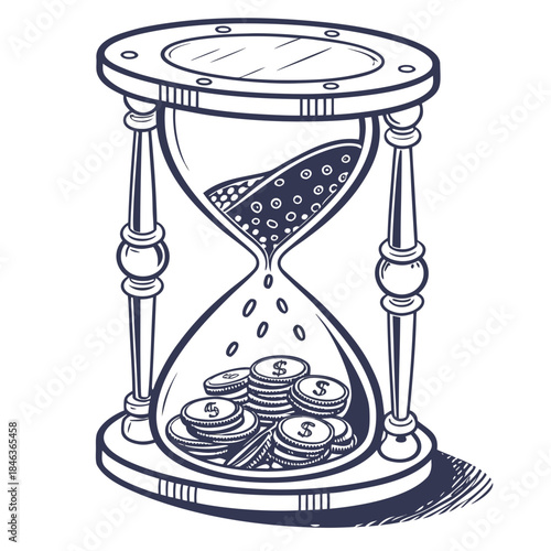 Hourglass with coins instead of sand on white background