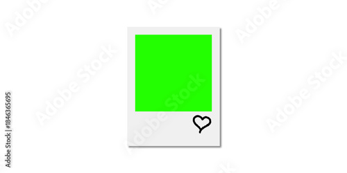 Blank Polaroid Instant Photo Frame Template With Neon Green Screen Area For Easy Chroma Keying And Hand Drawn Heart Doodle On White Background, Minimalist Aesthetic Design For Memories And Love