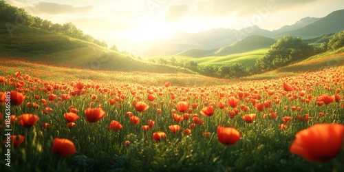 Fototapeta Naklejka Na Ścianę i Meble -  Red poppies blooming in spring meadow at sunset with scenic mountain view