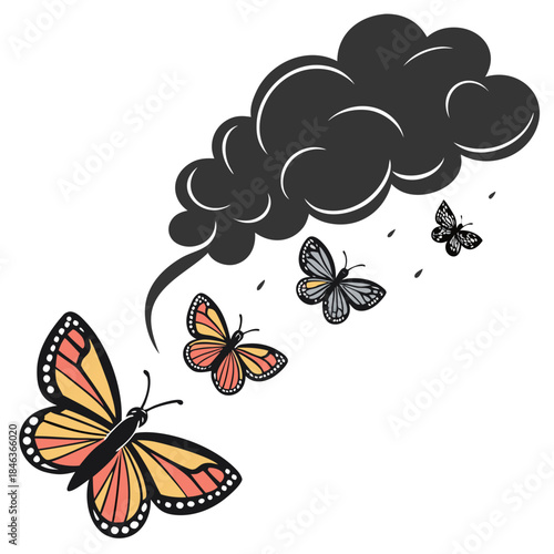 Butterflies escaping dark smoke cloud into clean air