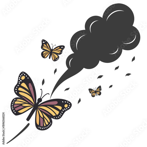 Butterflies escaping dark smoke cloud pollution freedom