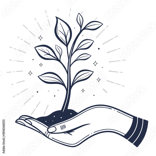 Hand nurturing glowing energy plant on white background