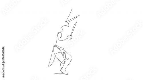 Animated a man wearing traditional Dayak clothing complete with a mandau and talawang. Dayak concept one-line drawing