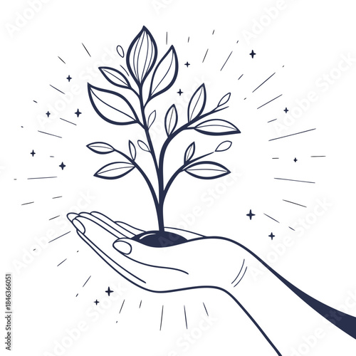 Hand nurturing glowing energy plant white background