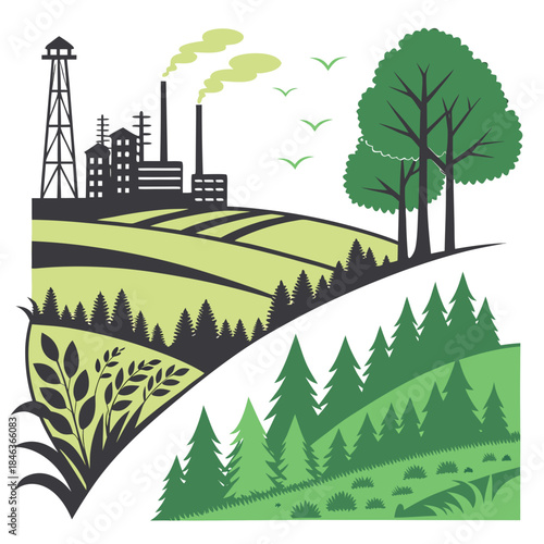 Industrial landscape transforming into green forest