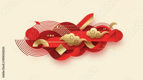 Vibrant red and gold abstract design with swirling clouds and ribbons on cream background for chinese new year or festive celebrations