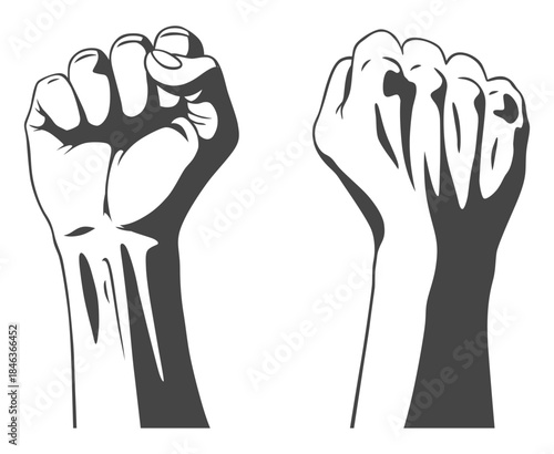 Rised fist hand gesture monochrome drawn emblem. Vector hand clenched into fist and rising up, symbol isolated on white background. Power sign. Human hand up in the air