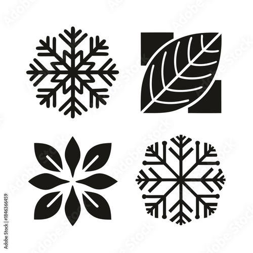 Four black and white snowflake and leaf patterns on white background