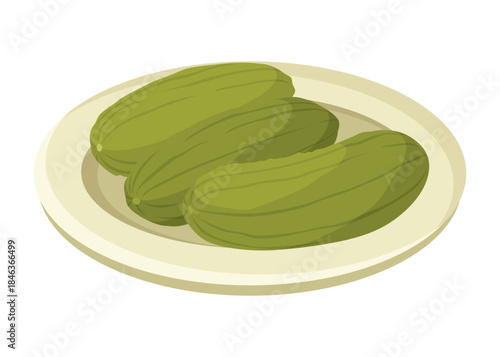 Homemade pickled cucumber. Clip-art of marinated food for packaging, label, menu, signboard or showcase. Fermented veggies, crunch gherkin with salt. Healthy vegetarian food