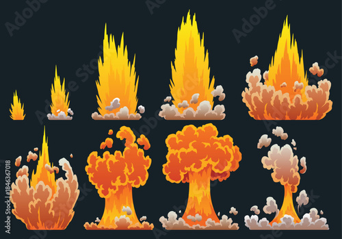 Explosion animation. Animation for game of the explosion effect. Cartoon animation for game. Exploding effect frames. Hand drawn vector illustration