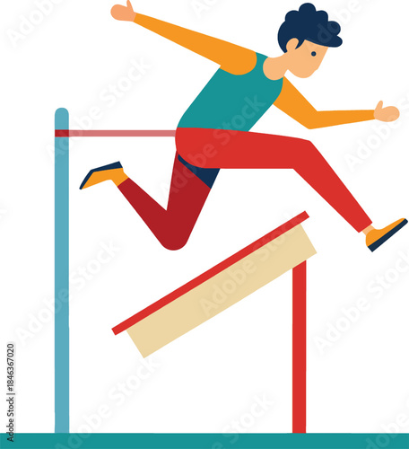 Man jumping over hurdle in athletic competition isolated on white background