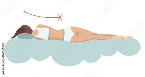 Incorrect sleeping body posture. Not healthy sleeping position spine in various mattresses and pillow. Caring for health of back, neck. Vector illustration