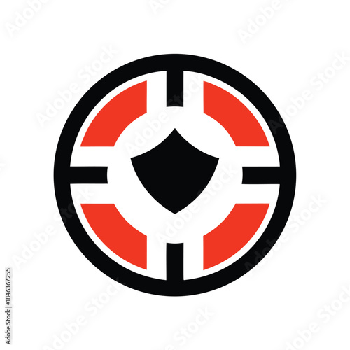 Red and black circular symbol with geometric shapes and segments circle white