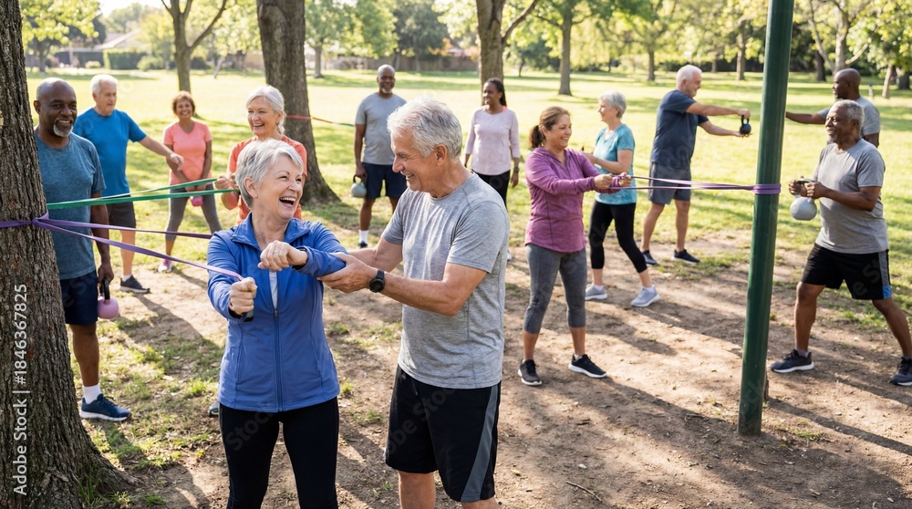 Fototapeta premium Senior exercise class engages in an outdoor fitness session with resistance bands, embodies active aging, well-being, and group strength.