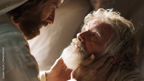 Jesus Christ healing a blind elderly man, symbolizing faith, compassion, and divine miracle in biblical times.