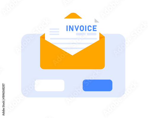 Flat lay illustration of an orange envelope with an invoice on a light blue background with a white rectangle and blue button.