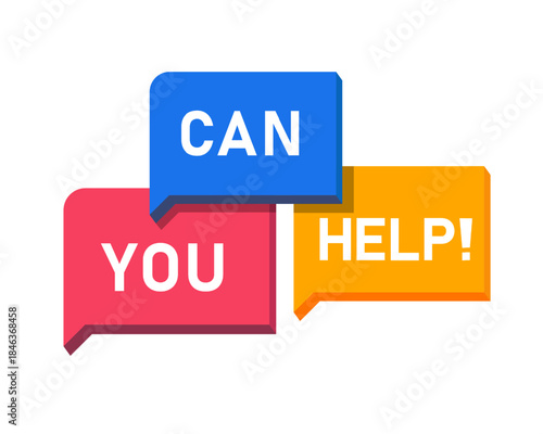 Colorful speech bubbles with CAN, YOU, and HELP! text on a white background, flat lay from above with a bold and attention-grabbing mood.