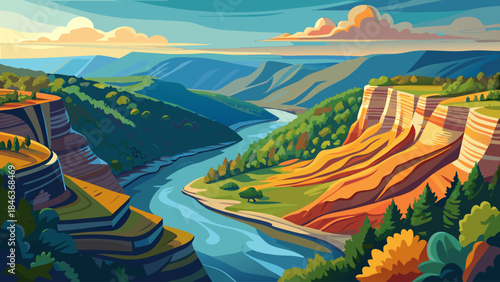 Very beautiful panoramic view of New River Gorge National Park, layered cliffs and winding river, expansive depth, natural grandeur, and tranquil atmosphere designed for elegant vector illustration.