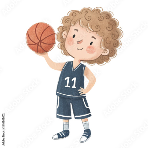 Cute watercolor illustration of a little boy with curly light brown hair, wearing a basketball jersey vector