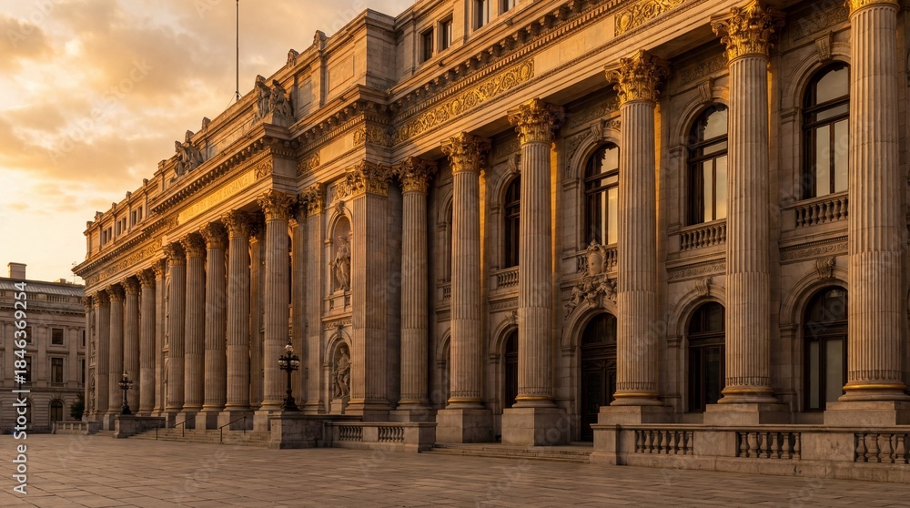 Obraz premium An old building with architectural columns showcases elegance and timeless design, embodying history. The building facade stands with grandeur under the sky's warm colors.