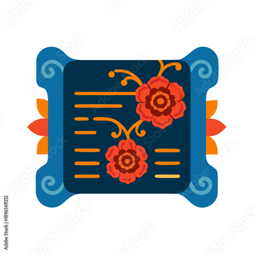 Ornamental vintage floral frame in dark blue and red colors