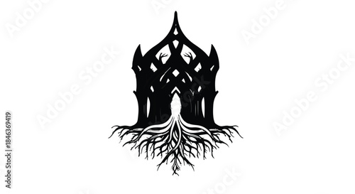 Mysterious dark silhouette of a gothic castle with intricate roots below on white background.