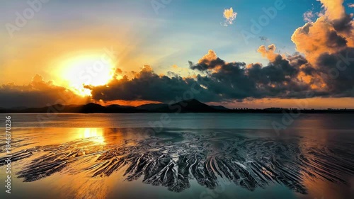 Golden Sunrise Over Qiantang Bay with Tidal Patterns and Mountain Silhouettes