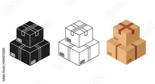 Stacked shipping boxes icon set - Line and glyph solid icon set - Solid icons vector collection - Blue icon set - Icon vector - Flat Design Icon
