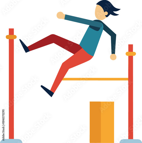 Woman jumping over hurdle in red pants and blue top isolated on white background