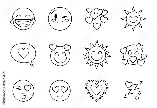 Hand Drawn Set of Cute Love Emoticons and Happy Faces Black and White