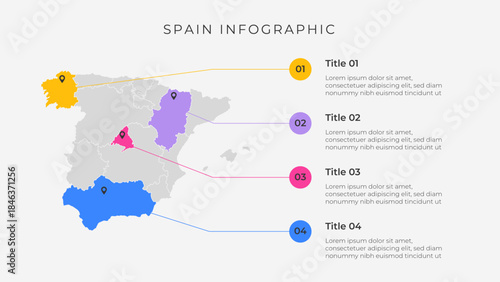 Spain map infographic template with 4 options. Spain political map infographic for presentation.