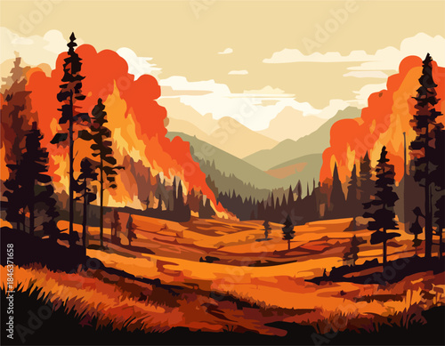 Fiery Wildfire Spreading Across Mountain Valley Forest – Dramatic Burning Landscape