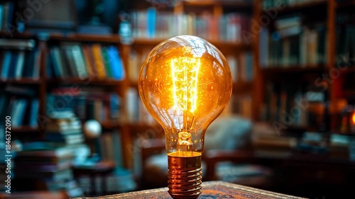 Light bulb shines in a library setting. A light bulb glows brightly in a library filled with books on shelves. The warm light adds focus to the scene.