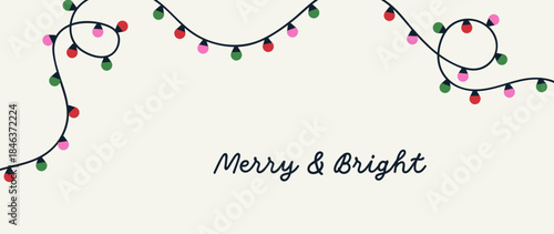 Christmas banner background with festive light garland and greeting typography. Xmas and New Year, winter holiday backdrop, horizontal card with seasonal ornament, decor. Flat vector illustration