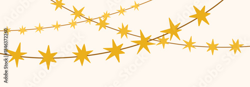 Star garlands, hanging decoration on horizontal banner background. Christmas ornament, starry decor with sparkles chain. Festive winter holiday, Xmas and New Year adornment. Flat vector illustration