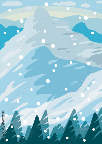 Serene Snowy Mountain Landscape with Falling Snow
