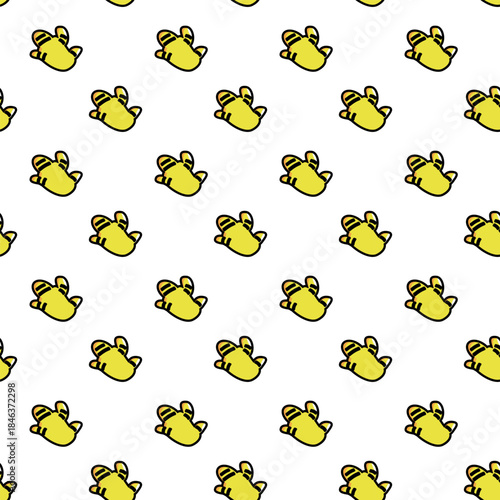 Seamless pattern of cute yellow cartoon creatures arranged diagonally on a white background. Playful character design ideal for textiles, wallpapers, packaging, stationery, and fun decorative projects