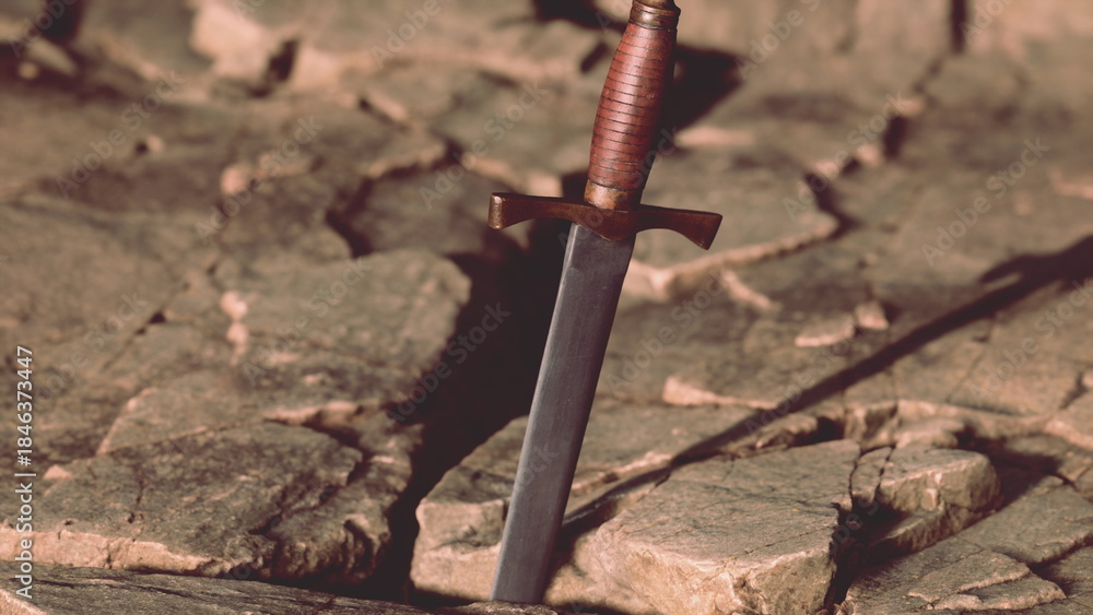 Fototapeta premium At the heart of a large cracked stone, a gleaming sword stands upright. The sunlight glints off its blade, while the rugged terrain tells tales of ancient battles and heroic legends.